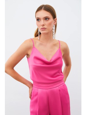 Sateen Degaje Yaka Saten Bluz - Fuşya