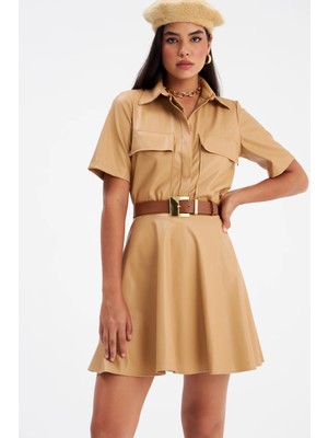 Sateen Kloş mini deri etek - Bej