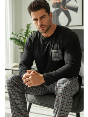 Siyah İnci Üst Cep Nakışlı Örme Pijama Takım 7986