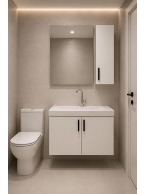 Demezler Mobilya Modern Lale 80 cm Beyaz Mdf Hilton Aynalı Seramik Lavabolu Banyo Dolabı Takımı Alt ve Üst Dolaplı