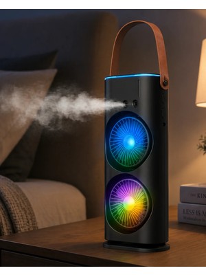 Astraltech USB Şarjlı Çift Başlıklı Buharlı Masaüstü Fan Sessiz Serinletici Işıklı Fan