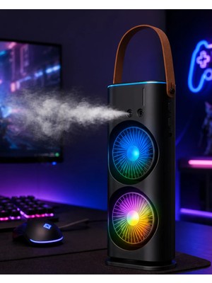 Astraltech Rgb Işıklı Spreyli Masa Fanı Çift Motorlu Güçlü Üflemeli Taşınabilir Fan