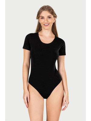 Obje Kadın Siyah Penye Modal Yarım Kol Çıtçıtlı Body
