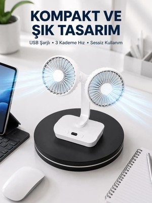 Astraltech 720° Döner Çift Taraflı Masaüstü Vantilatör – USB Şarjlı Sessiz Fan