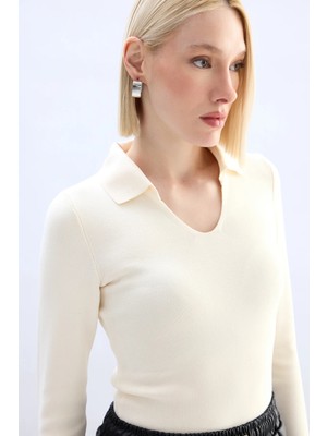 Sateen Polo Yaka Triko - Ekru