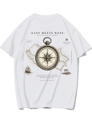 Brz Collection Unisex Oversize East Meets West T-Shirt (Beyaz)