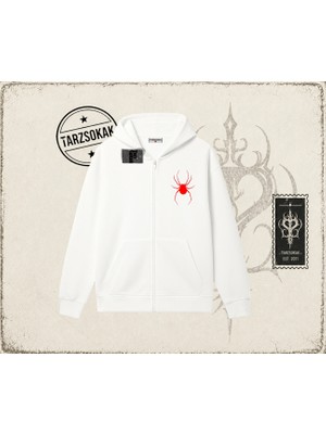 Tarzsokak Kadın Red Spider Oversize Unisex Hırka & Çeket Fermuarlı Sweatshirt Beyaz