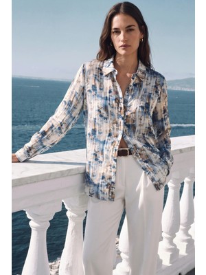 Sateen Desenli Klasik Gömlek - Indigo