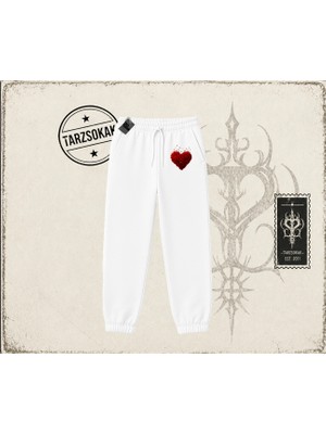 Tarzsokak Kadın Minik Kalp Unisex Jogger Eşofman Altı Beyaz