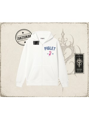 Tarzsokak Kadın Piglet College Oversize Unisex Hırka & Çeket Fermuarlı Sweatshirt Beyaz