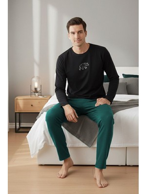 Siyah İnci Uzun Kollu Büyük Beden Örme Pijama TAKIM7918