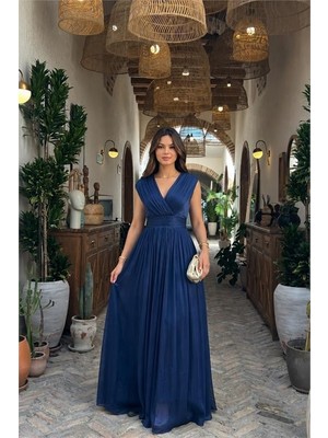 Dip Moda Kadın Lacivert Janjan Kumaş Kruvaze Yaka Bel Detaylı Abiye Elbise DPMY4057