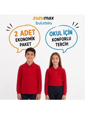 Bulut Teks Okullu (2ADET) Polo Yaka Kırmızı Uzunkol Okul Tişört Kıyafetleri Üniforması Çocuk Genç