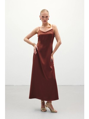 Sateen Askılı Uzun Saten Elbise - Kahve