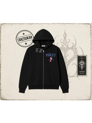 Tarzsokak Kadın Piglet College Oversize Unisex Hırka & Çeket Fermuarlı Sweatshirt Beyaz