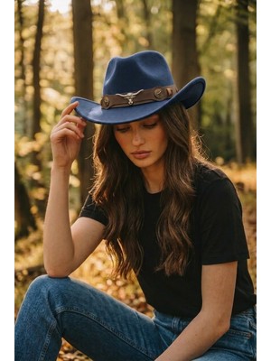 Unisex Içten Ayarlanabilir Metal Toka Desenli Kovboy Şapkası Fötr Şapka
