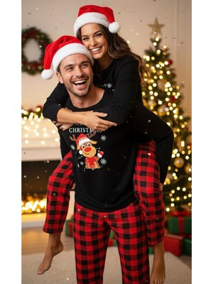 Siyah İnci Erkek Ekose Merry Christmas Baskılı Yılbaşı Temalı Örme Pijama Takım 7969