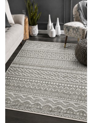Vitali Home Bukle Gri Beyaz Kilim Yıkanabilir Kaymaz Taban Şönil Kilim Salon Oturma Odası Halısı BK486
