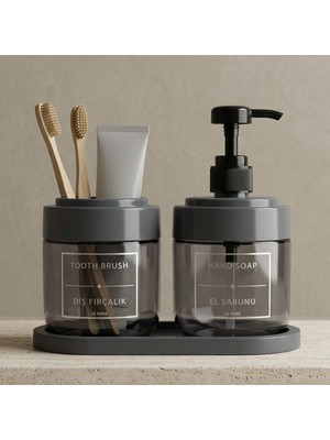 LE Paris 2’li Cam Sıvı Sabunluk ve Diş Fırçalık | Standlı Cam Banyo Organizer Seti 2’li | 425 ml x 2