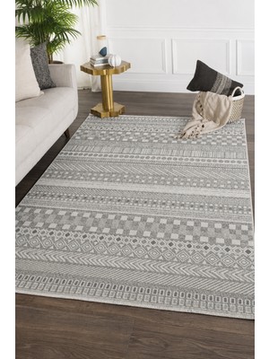 Vitali Home Bukle Gri Beyaz Kilim Yıkanabilir Kaymaz Taban Şönil Kilim Salon Oturma Odası Halısı BK485