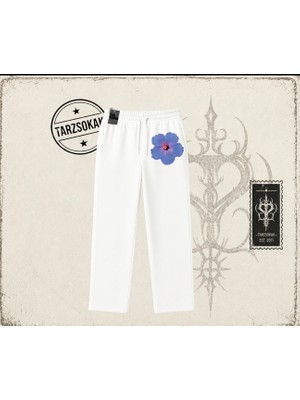 Tarzsokak Kadın Purple Hibiscus Unisex Baggy Eşofman Altı Beyaz