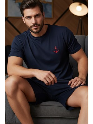 Siyah İnci Kısa Kollu Örme Nakışlı Erkek Şort-Pijama Takım 7820