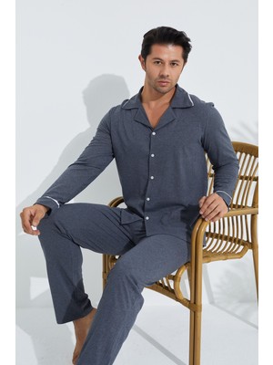 Siyah İnci Erkek Pamuklu Gömlek Yaka Düğmeli Biyeli Pijama Takım