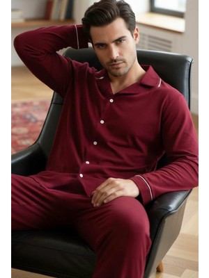 Siyah İnci Erkek Pamuklu Gömlek Yaka Düğmeli Biyeli Pijama Takım