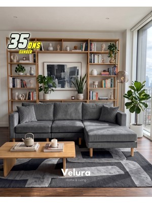Velura Home & Living Armin Akıllı Köşe Koltuk Takımı & Modern Modüler Yataklı Köşe Takımı - Kadife - Koyu Gri