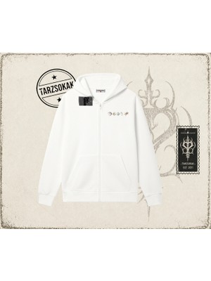Tarzsokak Kadın Sea Shells Oversize Unisex Hırka & Çeket Fermuarlı Sweatshirt Beyaz