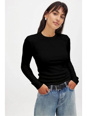 CHEISU Kadın Siyah Uzun Kollu Bisiklet Yaka T-shirt Bluz Kaşkorse Fitilli