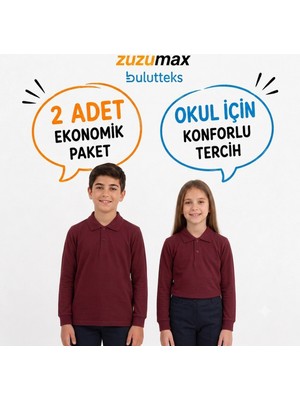Bulut Teks Okullu (2ADET) Polo Yaka Bordo Uzunkol Okul Tişört Kıyafetleri Üniforması Çocuk Genç