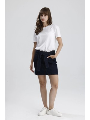 #kadınetek Koyu Indigo Denim Diz Üstü Boyu APRIL45 Rahat Kadın Jean Etek