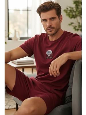 Siyah İnci Kısa Kollu Örme Nakışlı Erkek Şort-Pijama Takım 7820