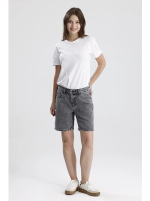#bermudaşort %100 Pamuk Açık Gri Denim Boyfriend Fit Formu LOU31 Rahat Kadın Bermuda Şort