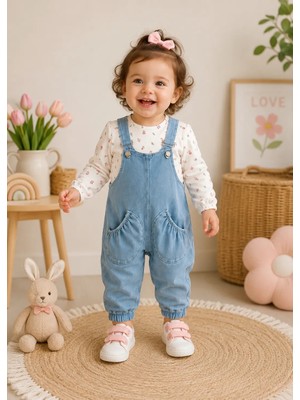 Uçurtma Baby Kids Babybuu Çiçekli Denim Kotlu Kız Bebek Salopet Tulum 2'li Mevsimlik Takım