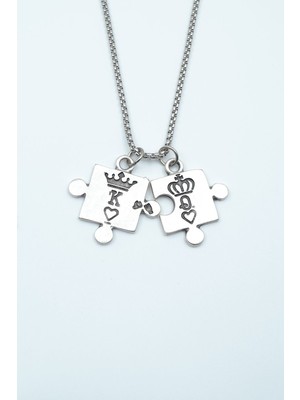 IDR Puzzle - Queen - King - Sevgili Gümüş Kaplama Örme Zincir Kolye