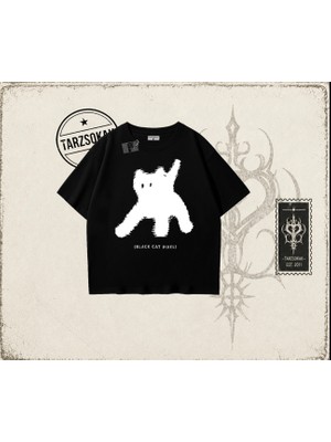 Tarzsokak Unisex Black Cat Pixel Oversize Unisex Tişört Beyaz