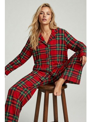 Siyah İnci Yılbaşı Desenli Pamuklu Örme Düğmeli Pijama Takımı