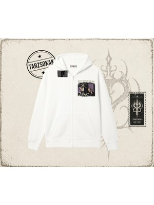 Tarzsokak Unisex All Eyes On Me Tupac Oversize Unisex Hırka & Çeket Fermuarlı Sweatshirt Beyaz