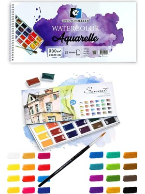 Glance Alex Schoeller Aquarelle Sulu Boya Defteri 300GR 16X35CM 12YP Spiralli St. Petersburg Sonnet 24LÜ Tablet Karton Kutu Sulu Boya Set