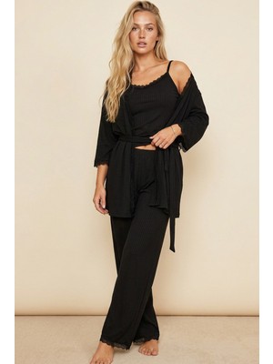 Siyah İnci 3\'lü Soft Touch Ince Örme Sabahlık Takım