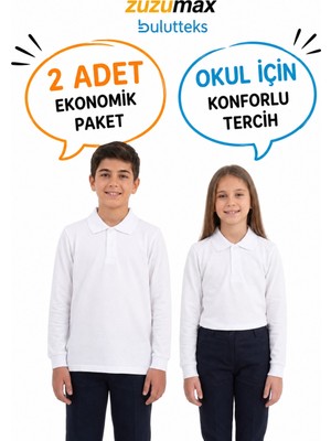 Bulut Teks Okullu (2ADET) Polo Yaka Beyaz Uzunkol Okul Tişört Kıyafetleri Üniforması Çocuk Genç