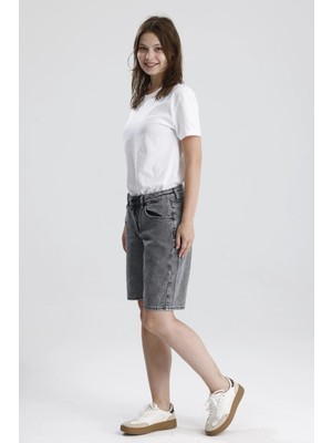 #bermudaşort %100 Pamuk Açık Gri Denim Boyfriend Fit Formu MAGGIE65 Rahat Kadın Bermuda Şort