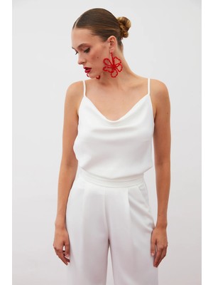 Sateen Degaje Yaka Saten Bluz - Ekru