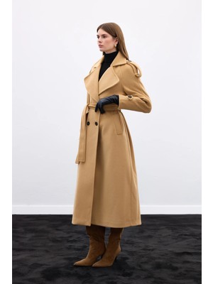 Sateen Geniş Yaka Uzun Kaban - Camel