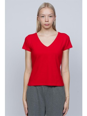 Obje Kadın Kırmızı V Yaka T-Shirt