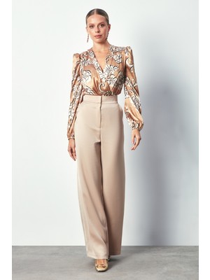 Sateen Desenli Bodysuit Bluz - Camel