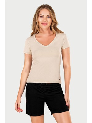 Obje Kadın Krem V Yaka T-Shirt
