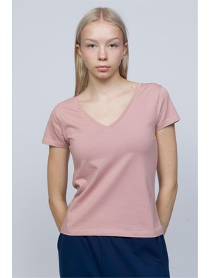 Obje Kadın Pudra V Yaka T-Shirt